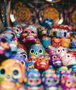 Photo of brightly painted skulls.