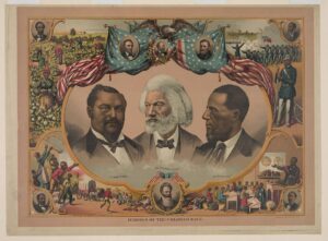 Print shows head-and-shoulders portraits of Blanche Kelso Bruce, Frederick Douglass, and Hiram Rhoades Revels surrounded by scenes of African American life and portraits of Jno. R. Lynch, Abraham Lincoln, James A. Garfield, Ulysses S. Grant, Joseph H. Rainey, Charles E. Nash, John Brown, and Robert Smalls.