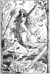 Black and white drawing of Ostara, goddess of spring