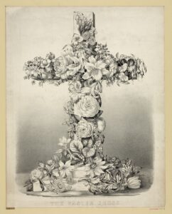 The Easter Cross by Currier and Ives - black and white image of a cross covered in flowers