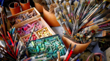 art supplies, paintbrushes, chalk