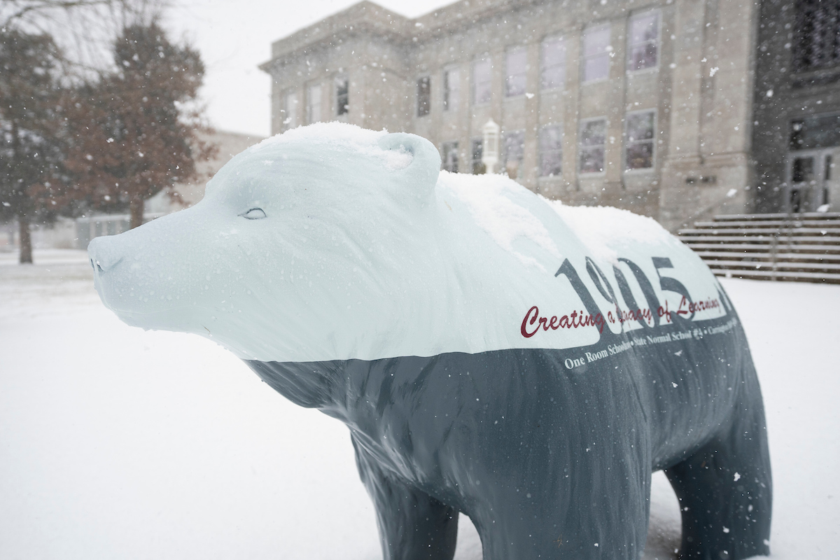 Snow covered bear statue in front of Hill Hall.