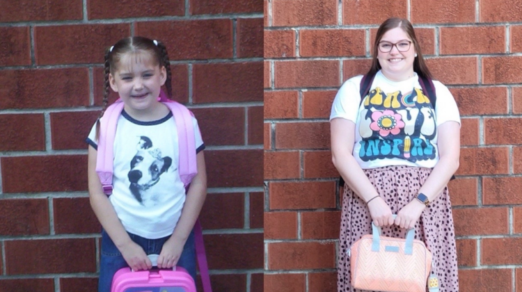 Brittnie Morrison on her first day of kindergarten and on her first day of teaching. She is standing in front of the same school in each photo.