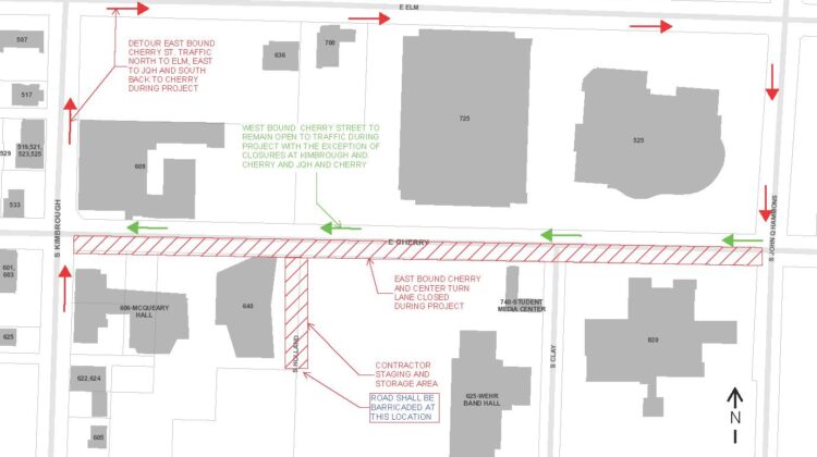 Lane closure and detour map for Cherry Street Project