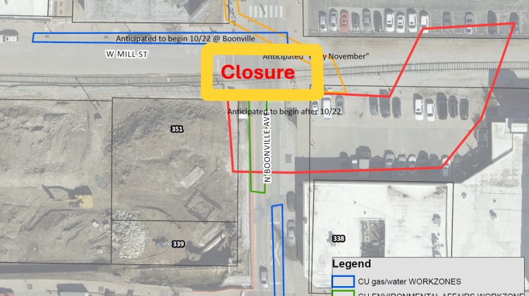 Map showing areas and closures of construction on Mill St and Boonville Ave.