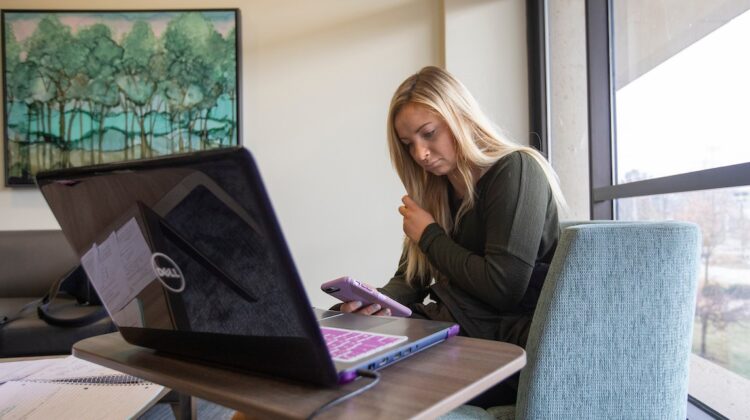 A student works at her laptop in Meyer Library.