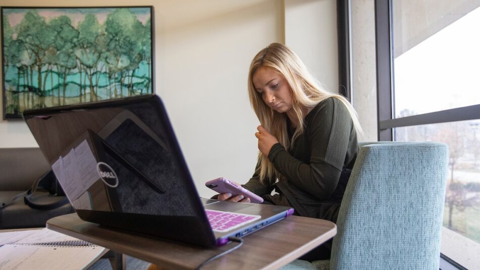 A student works at her laptop in Meyer Library.