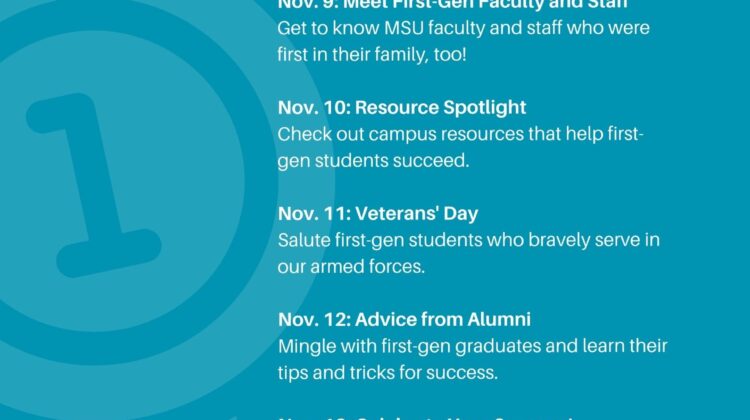 Flyer describing theme for each day of First-Generation College Celebration Week