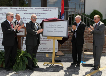 Pictured from the left: Missouri State University Foundation Board of Trustees Chair Mr. Larry Frazier, Vice President for University Advancement and Executive Director of Missouri State University Foundation Mr. Brent Dunn, Mr. Stephen Plaster (son of Robert W. Plaster), Missouri State University President Dr. Michael Nietzel, and Dean of College of Business Administration Dr. Danny Arnold