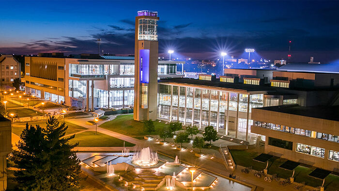 Hammons Fountain, Meyer Library and Glass Hall at night