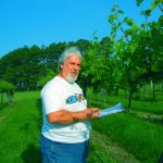 Joe Rasmussen is recording phenology in the grape vineyards. He is working on his Vesta practicum for VIN 114.