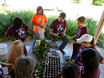 Susanne Howard and Shelia Long work with the group on grape propagation. Photo by Katelyn McCoy.