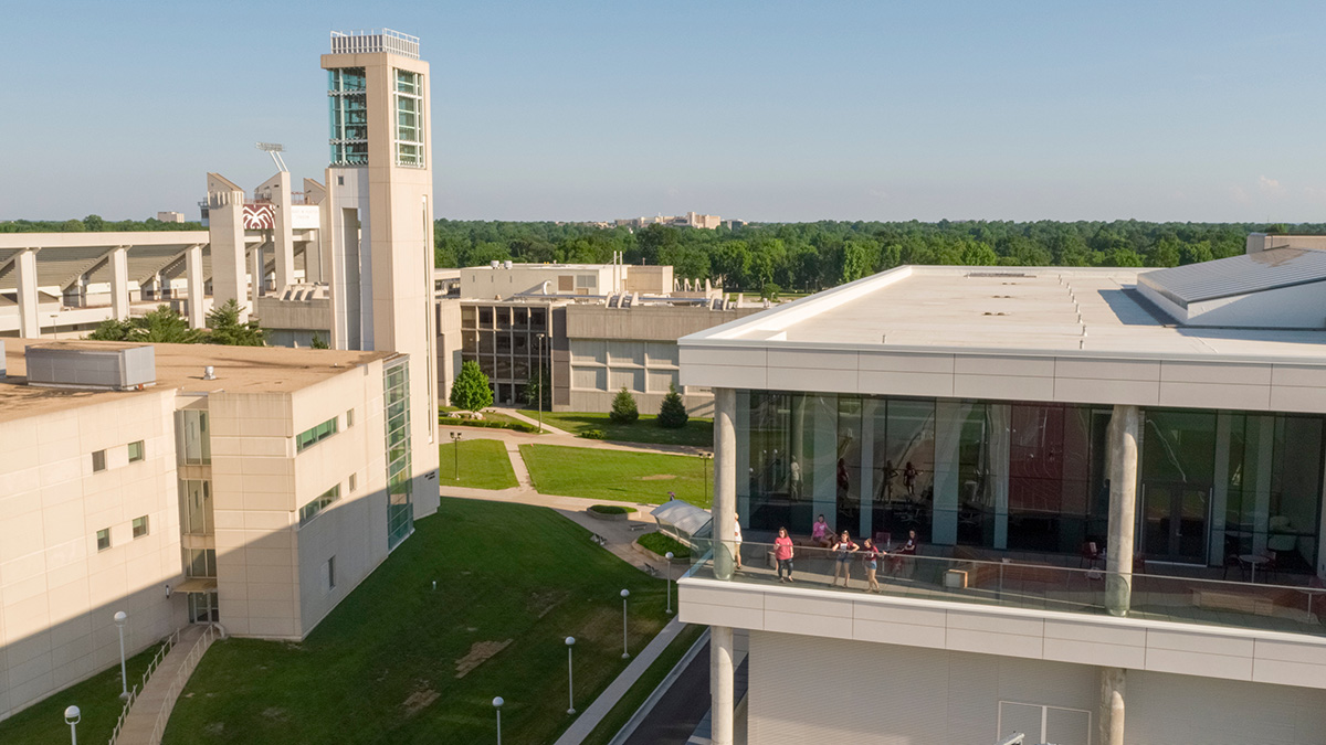 Aerial shot of Glass and Meyer Library