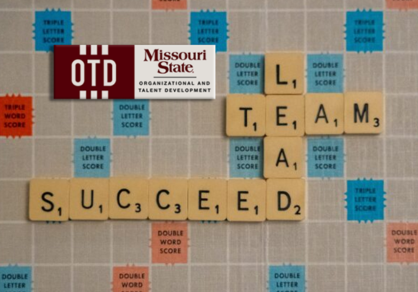 Organizational and Talent Development (OTD) Logo on a Scrabble Board with the words 'lead', 'team', and 'success' spelled out with tiles.