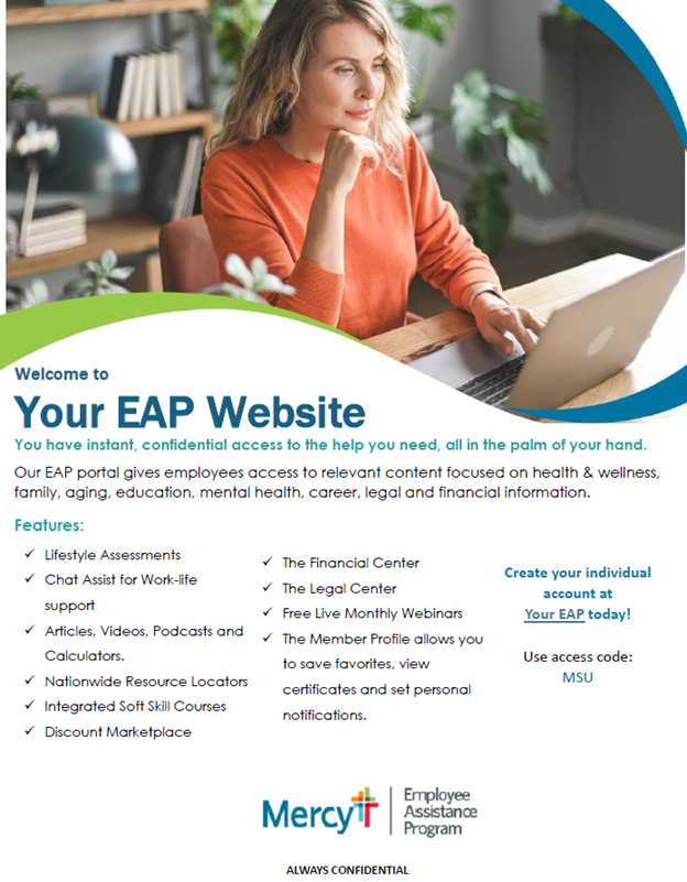 Image of Mercy EAP webiste. https://mercyeap.mylifeexpert.com/ access code: MSU