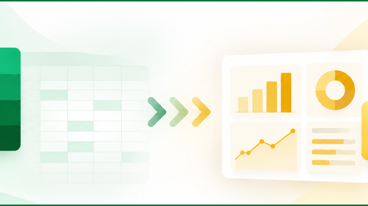 A green Microsoft Excel Logo with arrows pointing toward a yellow Microsoft Power BI Logo.