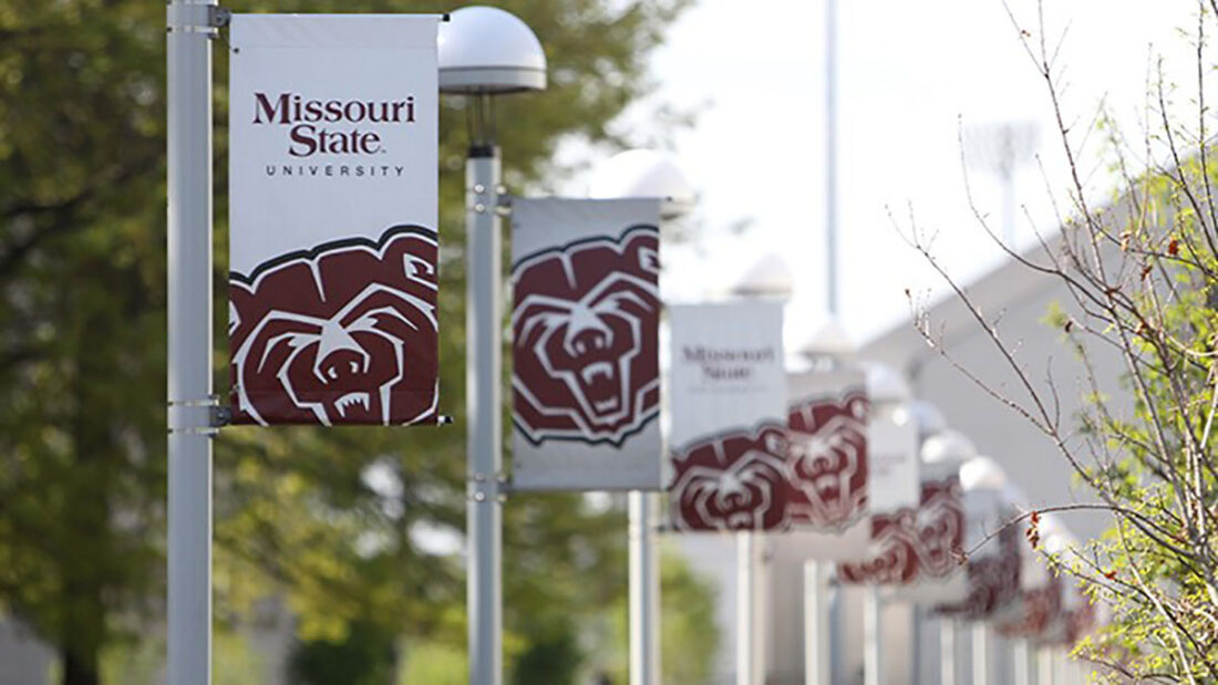 Missouri State banners on the Missouri State University Springfield campus.