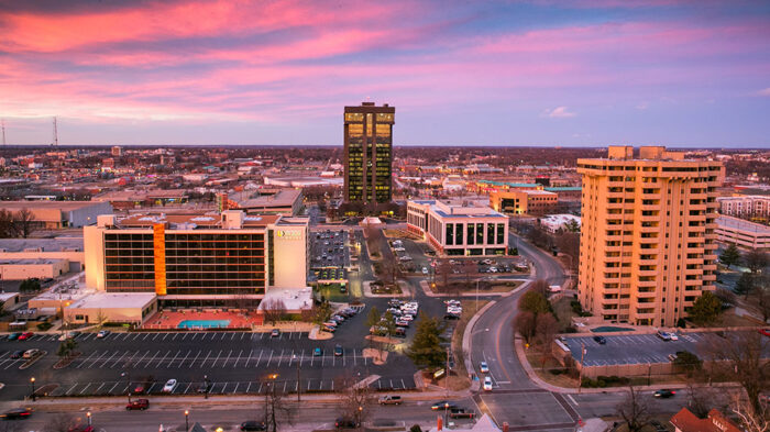 Springfield Missouri Hammons Tower and skykline at sunset. Photos by Kevin White/Missouri State University