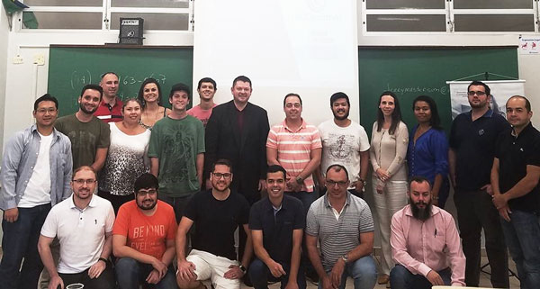 Brazilian applied communications students with Shawn Wahl in the classroom in Brazil.