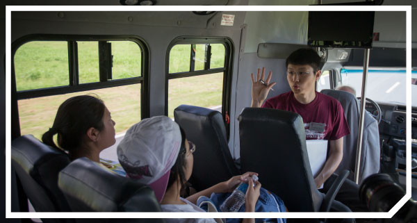 Photo of international students who signed up for free airport pick-up in a Missouri State University shuttle.