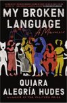 The cover of "My Broken Language," featuring an illustrated family in bright vivid colors against a black background.