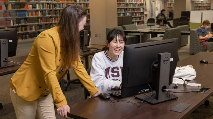 A librarian assists a student with research in Meyer Library