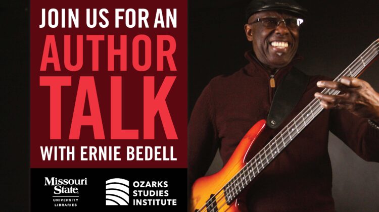 A graphic featuring Ernie Bedell on electric guitar with text that reads, "Join us for an Author Talk with Ernie Bedell"