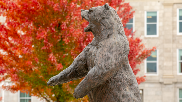 A bear statue stands with a tree behind it.