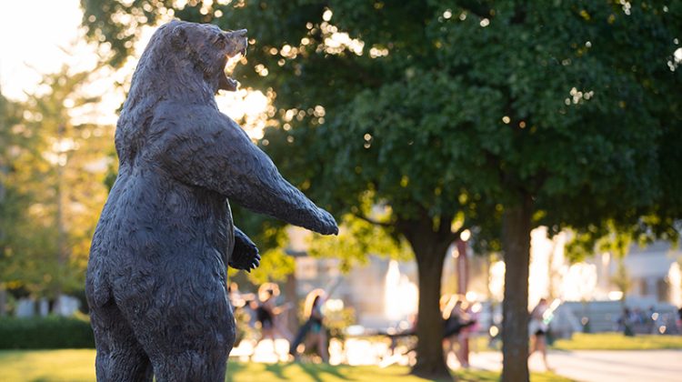 The Plaster Stadium Bear statue in the West Mall on campus.