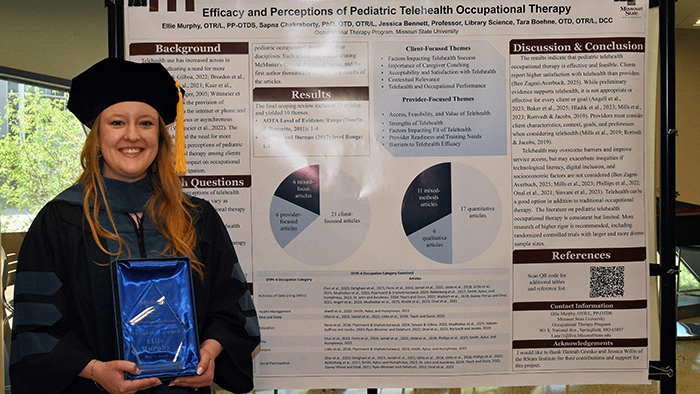 Murphy with her research presentation for the 2026 Einhellig Interdisciplinary Forum on campus.