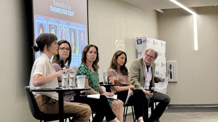 Traci Nash, OPHI community focus facilitator (far left), moderates a panel called “Sustainability and the Community Focus Report" on April 27.