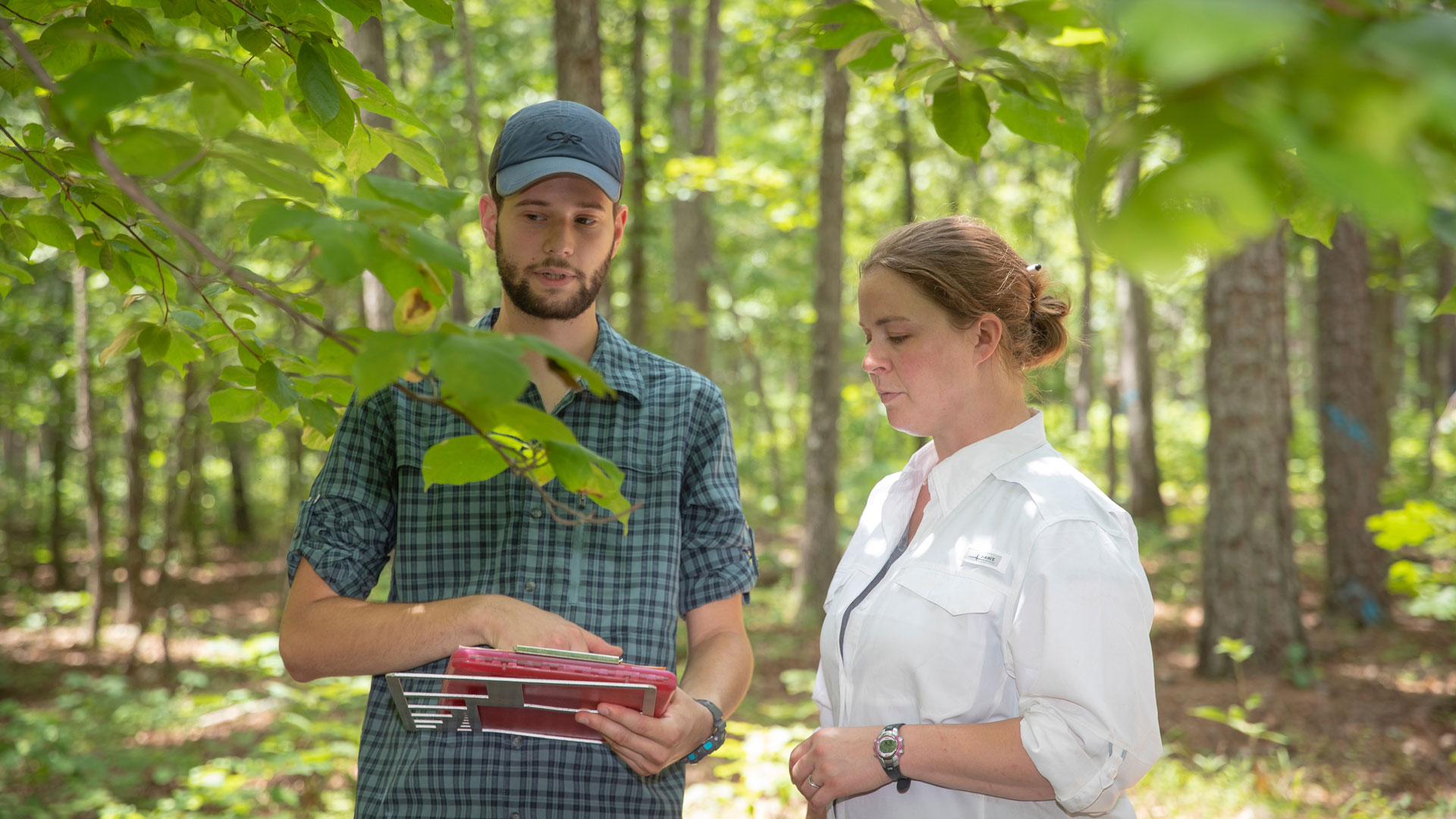 Joshua Hess and Annie McClanahan discuss a pebble count in the Mark Twain National Forest on July 17, 2018.