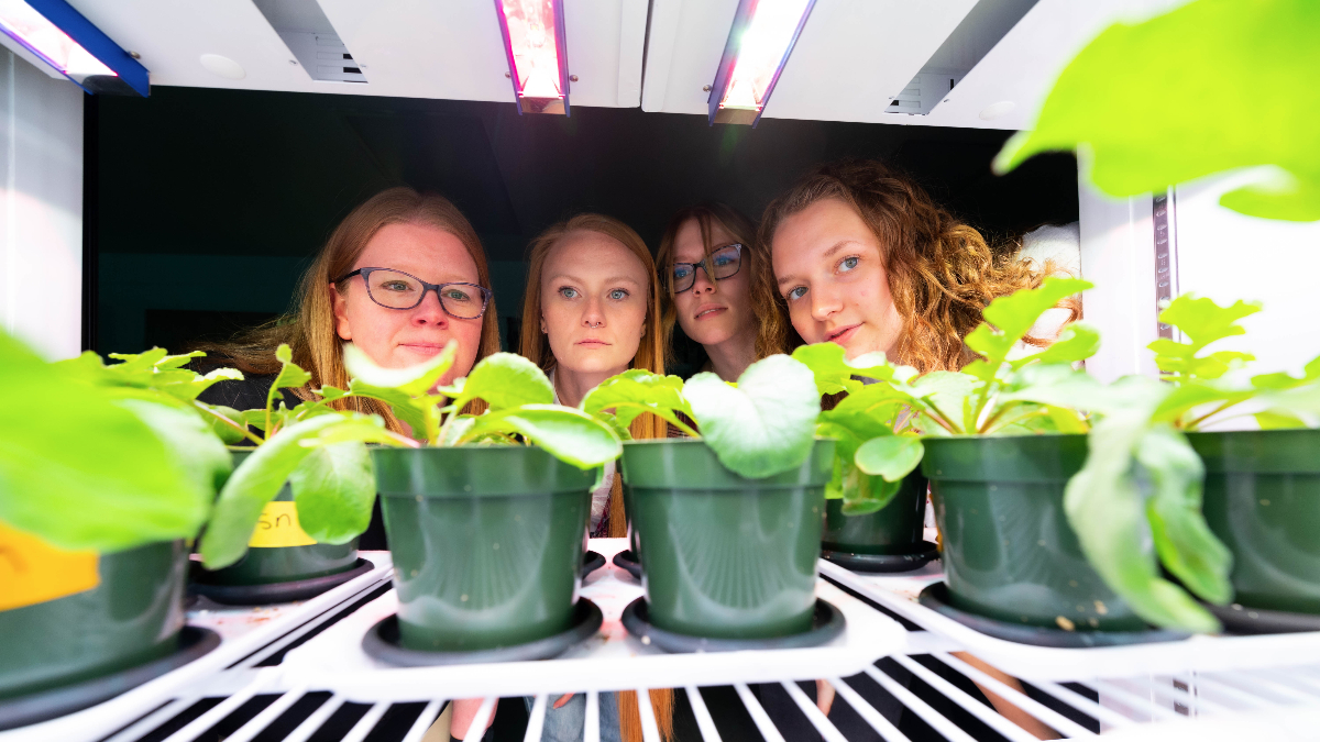 Four women overlook small plants in growth chamber.