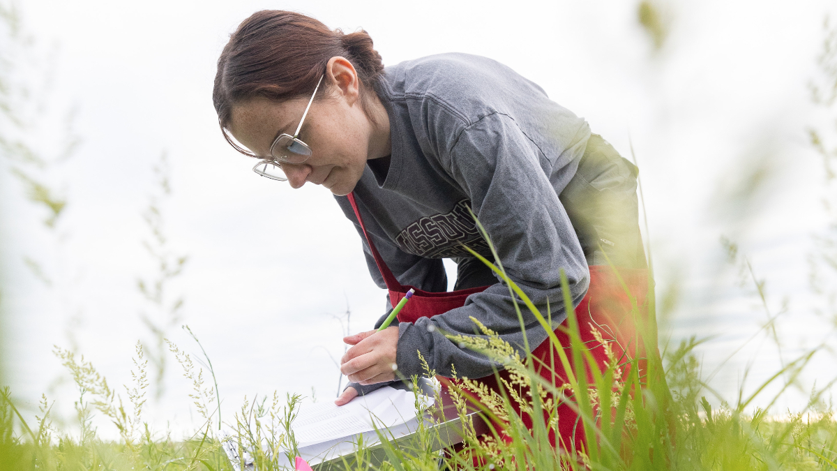 Student bends down into the grasses to document findings.