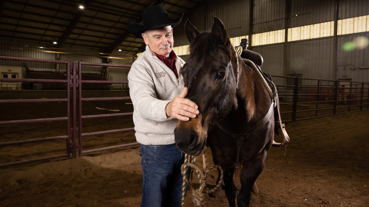 Gary Webb pets a horse's nose.