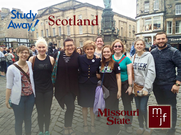Brett Kaprelian (right) with the rest of his International Study Away group in front of St. Giles' Cathedral with First Minister Nicola Sturgeon (center).
