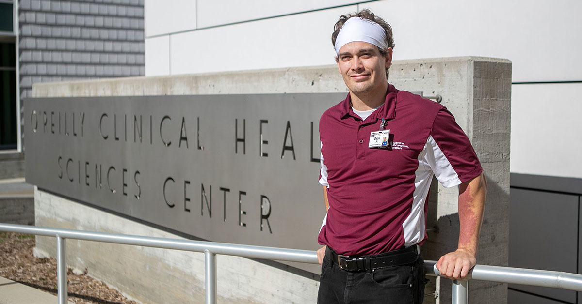 Gabe Purdy outside O'Reilly Clinical Health Sciences Center.