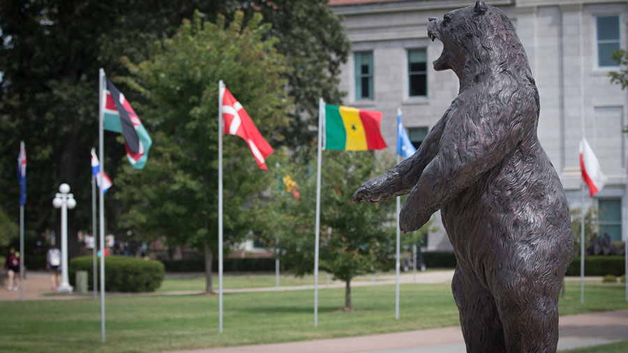Bronze bear statue in front of international flags