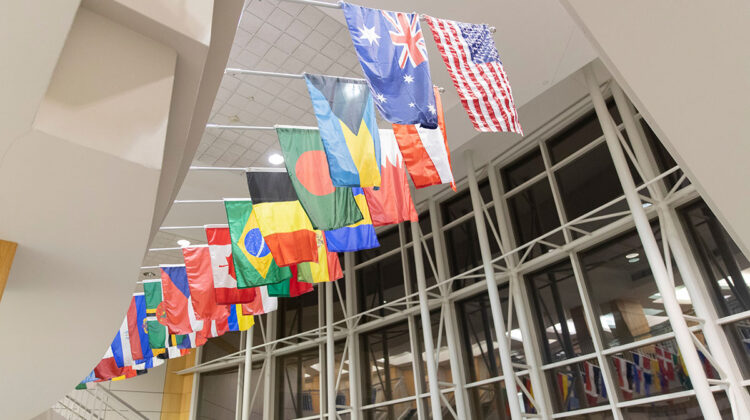 International flags in Strong Hall atrium