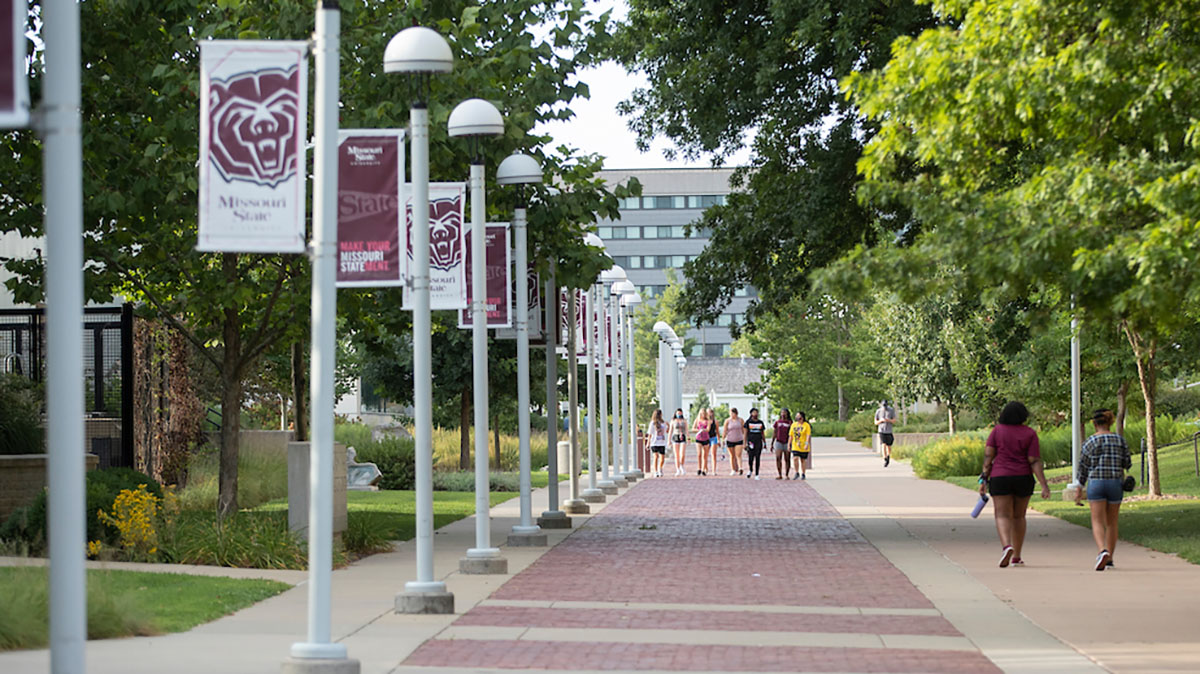 Few students walk along path lined with MSU flags.