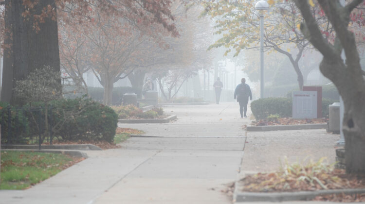 Empty sidewalks on a fall, foggy morning on campus.