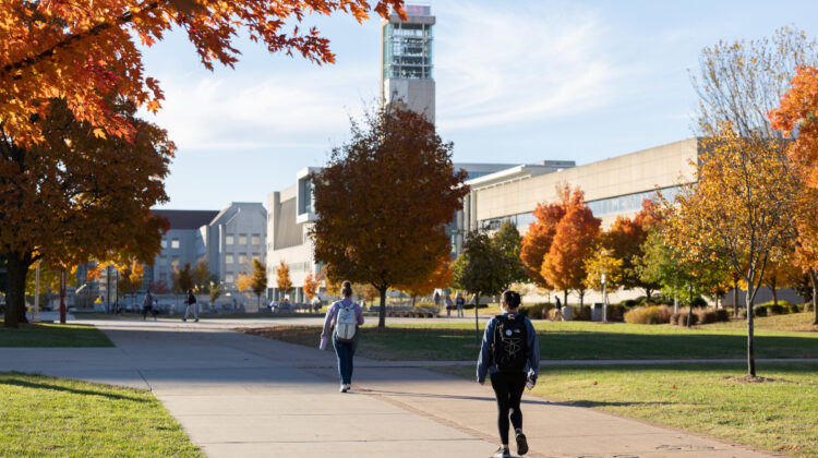 Students walk alone on sidewalk among fall-colored trees.