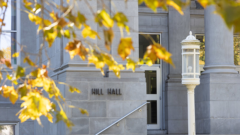 The words "Hill Hall" on a building.