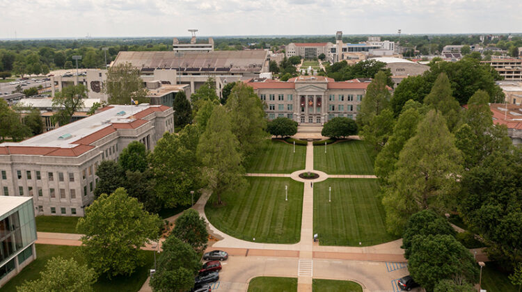 An aerial view of campus.