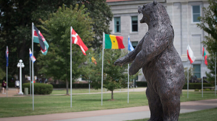 The Bear statue with flags of different countries.