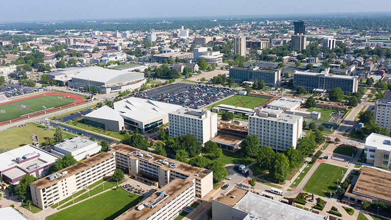 An aerial view of the Missouri State University campus and downtown Springfield.