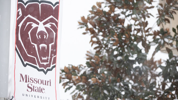 Snow falling on a Missouri State University Bear head logo on campus.