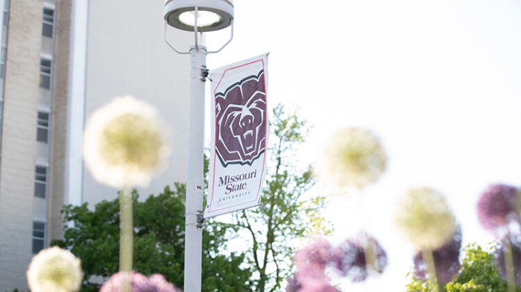 A Bear head logo banner on campus.