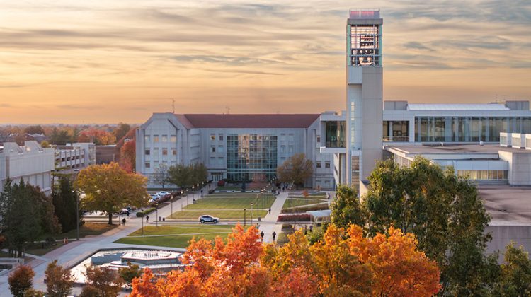 An aerial view of campus with beautiful fall colors.