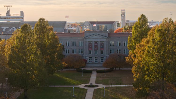 An aerial view of the Mo State campus on a fall day.